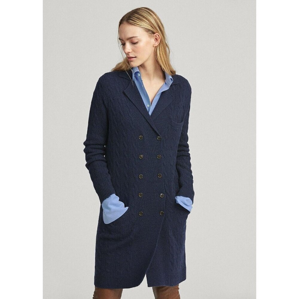 Polo Ralph Lauren 100% Cashmere Double Breasted Soft Cable Knit Navy Cardigan XS - Picture 2 of 11